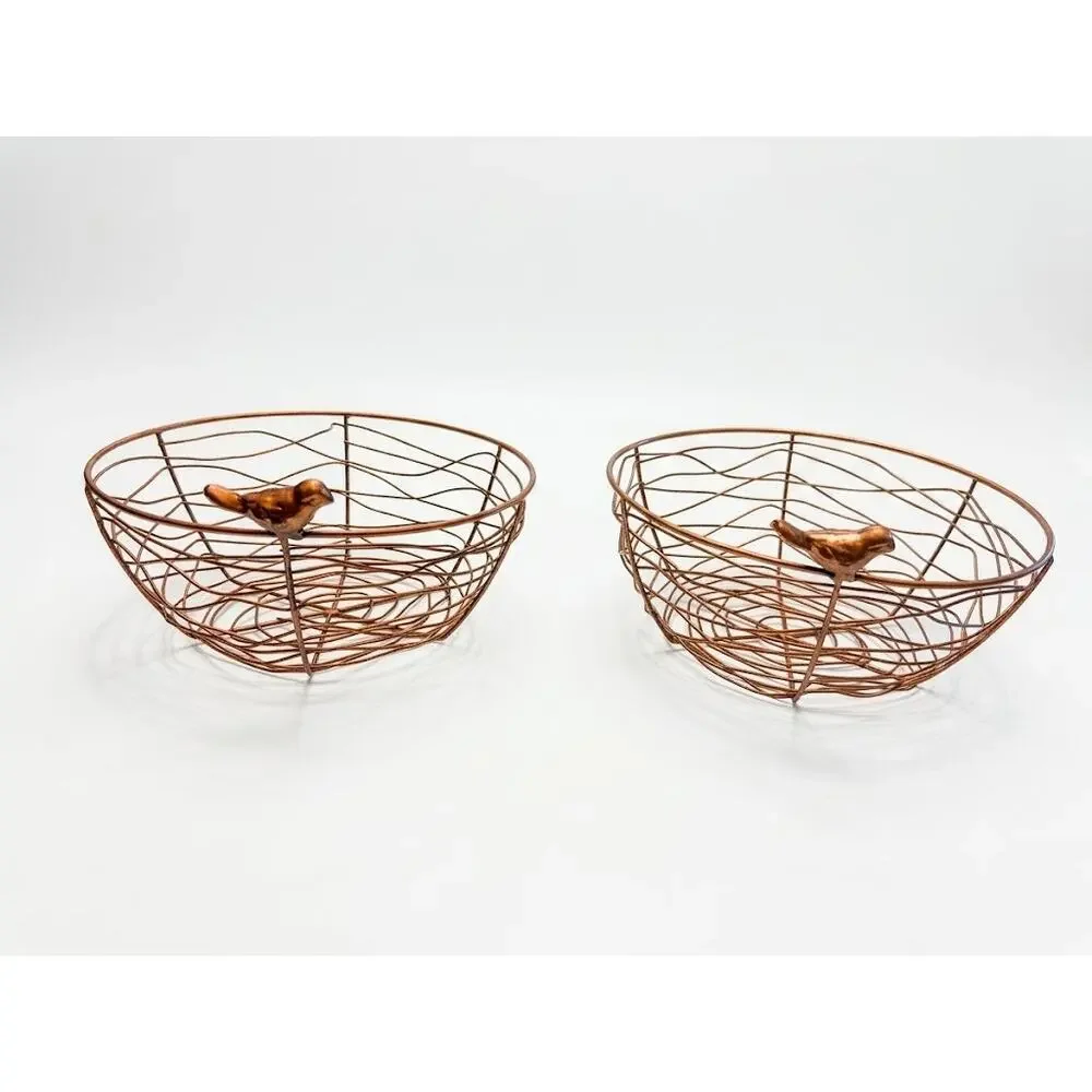 Vintage 1970s Handmade Copper Tone Wire Nest Baskets with Bird Finials Set of 2
